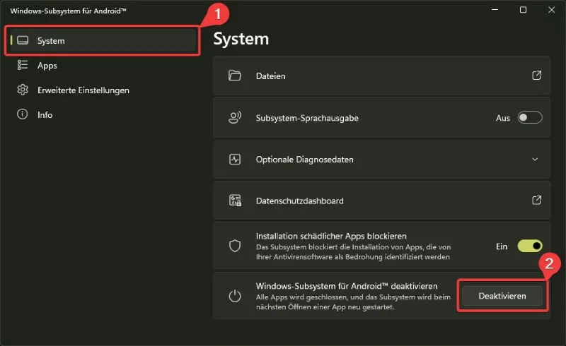 WSA settings restart